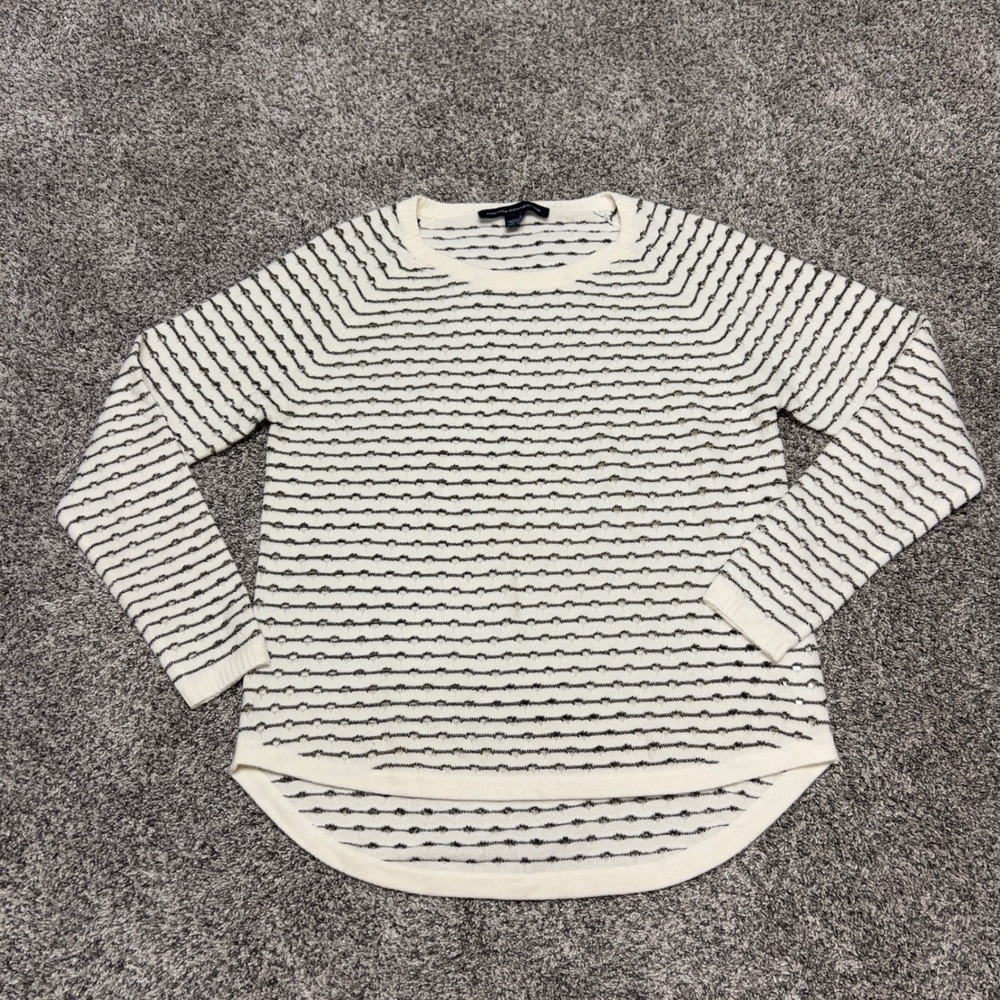 French Connection Cream Black Textured Stripe Sweater Womens Cozy Knit Pullover